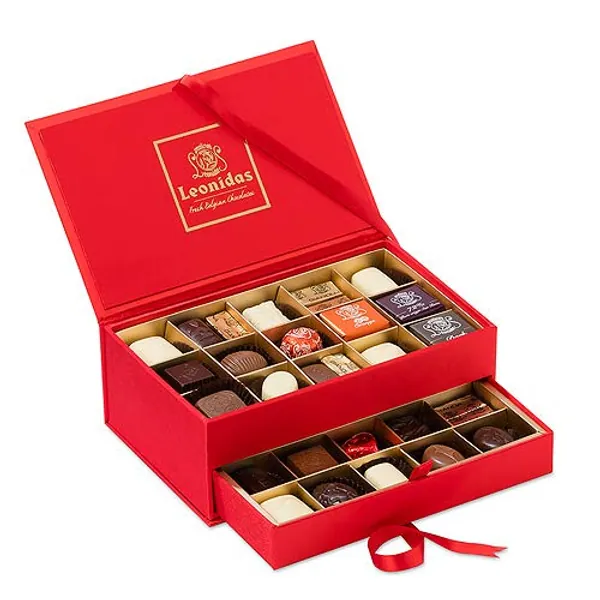 Silk Like Red Jewellery Style Box Assorted Leonidas Belgian Chocolate, 30 Piece Fresh Pralines, Ganache, Creams. Large Beautiful Gift