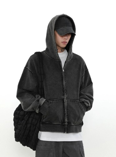 Vintage Style Wash Zipper Hoodie WN4107 | black / M