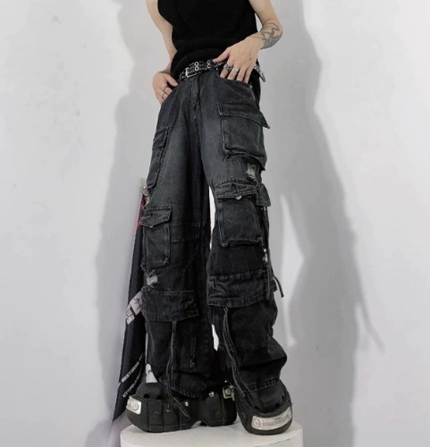 Wide-leg Multi-pocket Damage Denim Jeans WN3244 | black / S