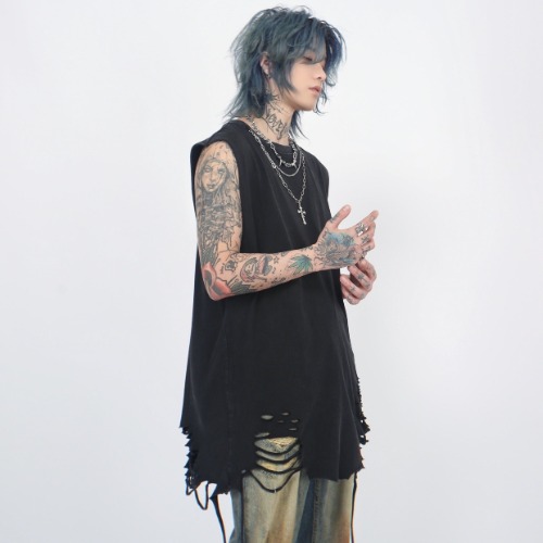 With Necklace Oversize Sleeveless Damage T-shirt WN5261 | black / M
