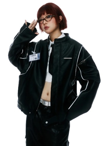 'Authorized' Zip Shoulder Leather Jacket | M / Black