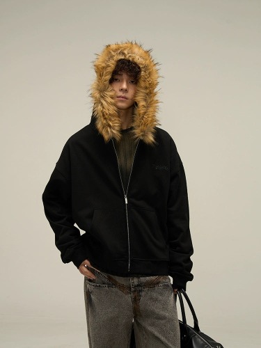 Oversize Fur Neck Zipper Hoodie WN3539 | black / M