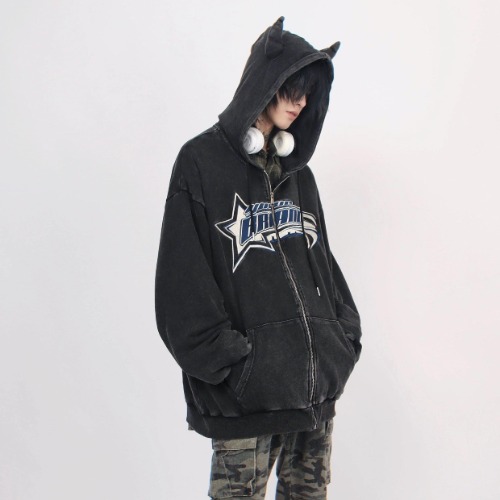 Oversize Patch Zipper Hoodie WN2585 | black / M