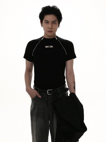 Zipper Design Slim Fit Short Sleeve Knit Top WN5633 | black / S