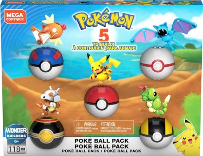 MEGA Pokémon Action Figures Building Toys, Poké Ball Pack with Pikachu, Magikarp, Cubone, Zubat, Magikarp and 5 Different Poké Balls
