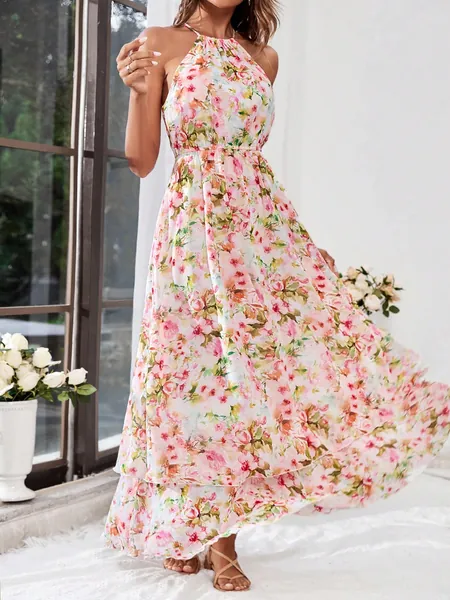Floral Printed Halter Neck Sleeveless Dress