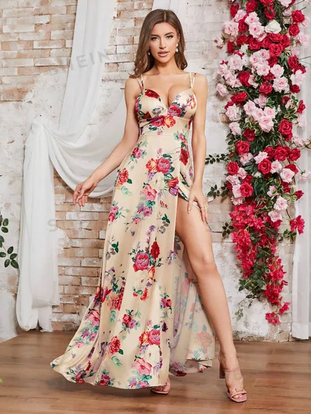 Floral Print Split Front Strappy Dress