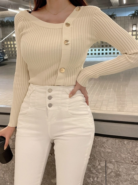 DAZY Asymmetrical Neck Button Detail Sweater