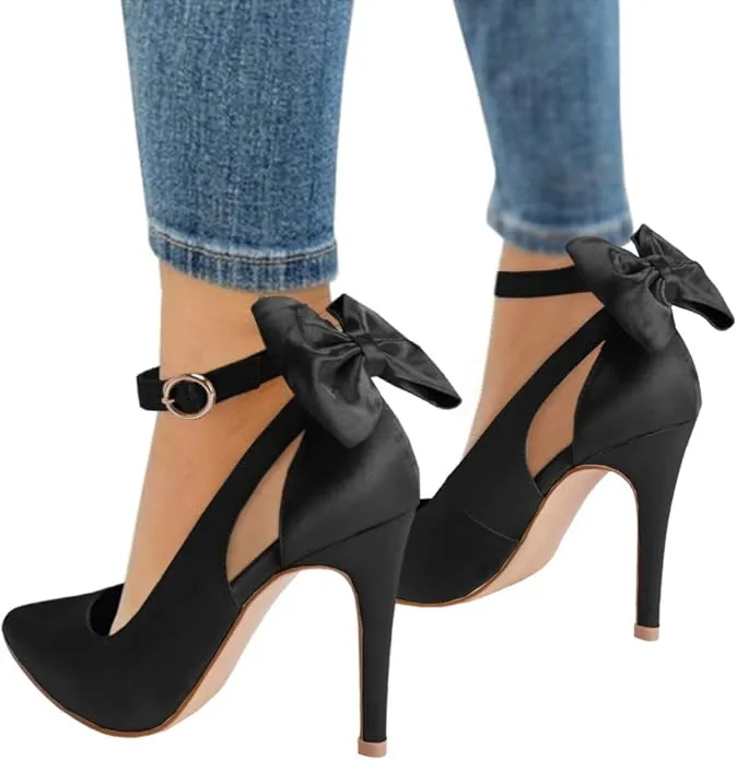 Satin Black 4inch Bow Fancy Pumps + Gold Clasp