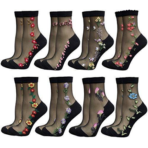 8PCS Mesh Black Floral Socks