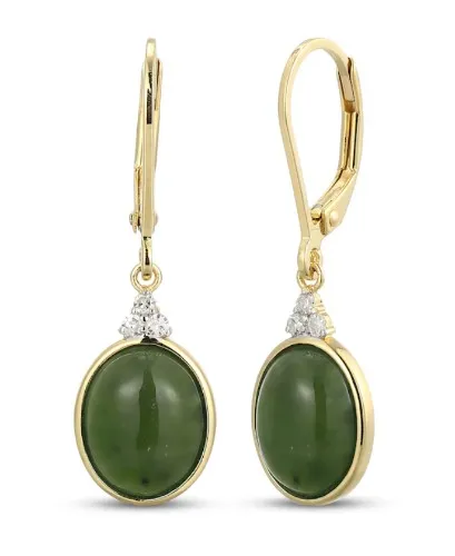 Oval Nephrite Jade & Diamond Drop Earrings 1/15 ct tw 14K Yellow Gold