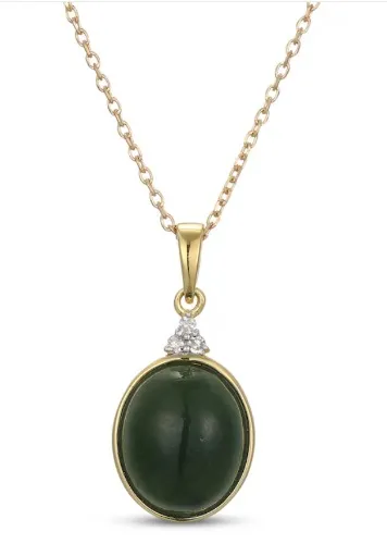 Oval Nephrite Jade & Diamond Accent Necklace 14K Yellow Gold 18"