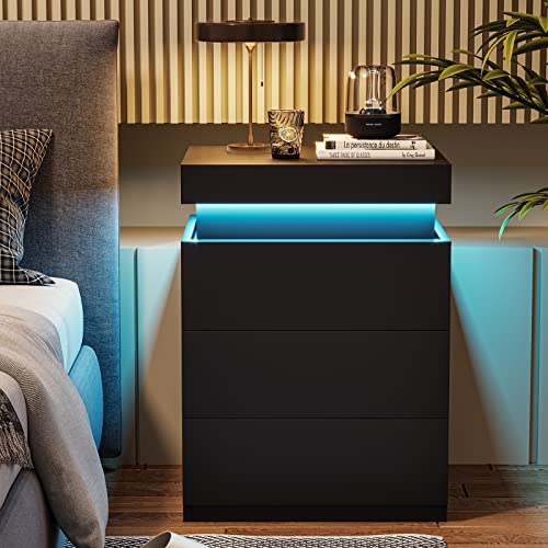 ADORNEVE Nightstand with Charging Station and LED Lights,Night Stand with Sliding Top,Bedside Table with Drawers,Modern End Side Table for Bedroom,Black - Black