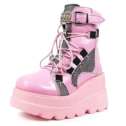 XBKOJBA Platform Boots for Women, Chunky High Heel Booties Lace Up&Zipper Combat Boots with Back Zip Perfect for Party Date (Pink, 7.5) - 7.5 - Pink