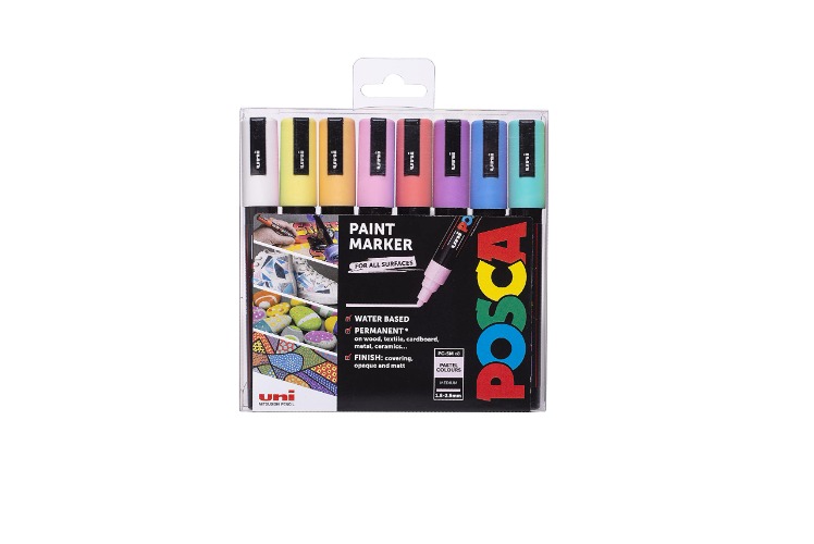 Posca PC-5M Water Based Permanent Marker Paint Pens. Premium Medium Tip for Arts and Crafts. Multi Surface Use On Wood, Metal, Paper, Cardboard, Glass, Fabric, Ceramic & Stone. Set of 8 Pastel