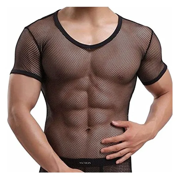 iEFiEL Herren Top T-Shirt Kurzarm Netzhemd Unterhemd Erotik Netz Hemd Guywear Unterwäsche Dessous Transparent