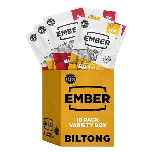 Ember Snacks – Biltong Beef Jerky (10 x 25g Variety) Proteinreich, kalorienarm. Fettarmer, Snack für unterwegs, hergestellt aus britischem und irischem Rindfleisch - 10 x 28g Variety