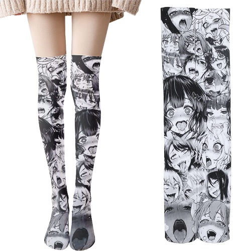 YuDanae 3D Ahegao Strümpfe mit Japanischem Anime-Print Cosplay Süßer Langer Ahegao Strumpf