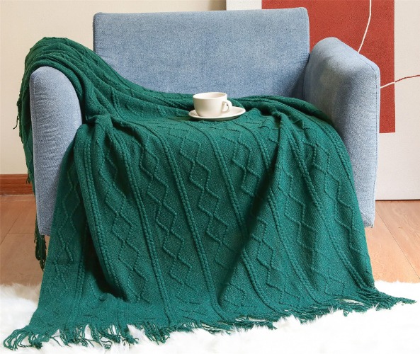 Hayisugal Wohndecke Boho Decke Weich Strick Wolldecke mit Quaste Kuscheldecke Sofadecke Couch Decke Überwurfdecke, Dunkelgrün, 130 x 150cm - Dunkelgrün 130 x 150cm