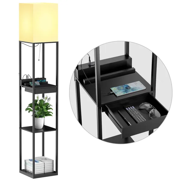 SUNMORY Stehlampe Wohnzimmer, Stehlampe mit Regal aus Massivholz, 3 Farbtemperaturen, 2 USB-Ladeanschlüsse und 1 Schublade, Stehlampen für Wohnzimmer, Schlafzimmer, Stehlampe Schwarz（Mit Glühbirne）