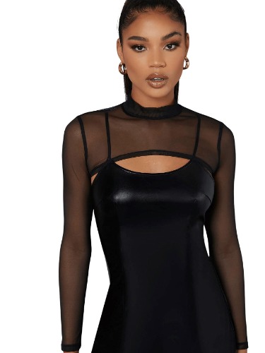 SOLY HUX Damen Super Crop Mesh Top mit Stehkragen Schmal T-Shirt Langarm Netz Oberteil - Schwarz S