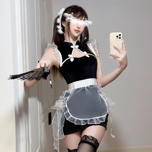 Amorino Chinese Maid Lingerie Set with Mesh Apron - Irresistible and Hollow Out - Black / M