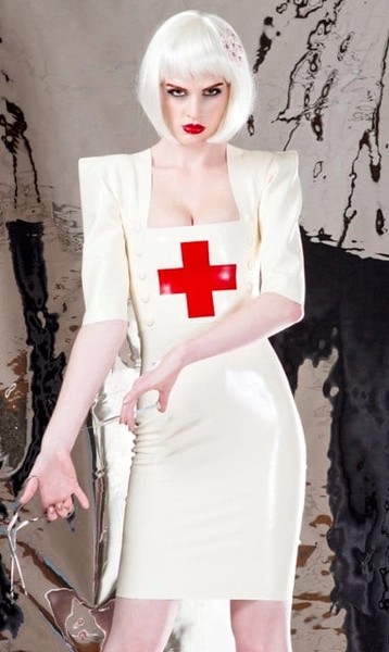 Latex Dress Nurse, pencil skirt in white, with red cross shoulder pads. lingerie.