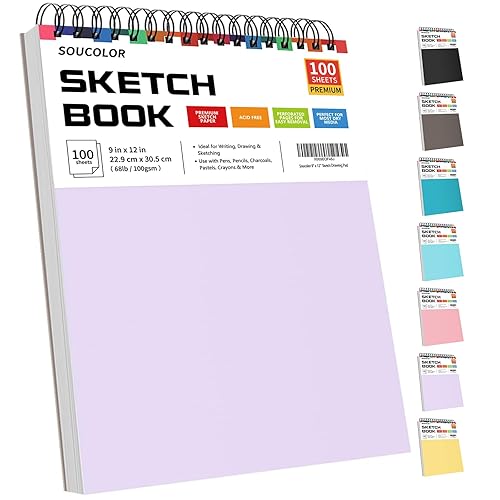 Soucolor 9" x 12" Aesthetic Sketch Book, 1-Pack 100 Sheets School Supplies Cute Sketchbook for Women, Japanese Stationary Sketching Supplies for Kids Teen Girl Gifts Birthday Gifts, Pastel Purple - Purple - 9" x 12" (Pack of 1)