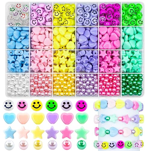 840Pcs Acrylic Heart Star Candy Bead Smile Face Beads Round Pearl Beads, Assorted Plastic Pastel Circle Cute Loose Spacer Beads for DIY Craft Phone Key Chains Bracelet Jewelry Making Necklace (D) - D