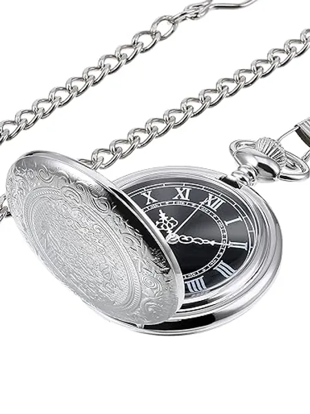 Reloj de bolsillo de cuarzo para hombre con esfera negra y cadena - Plata