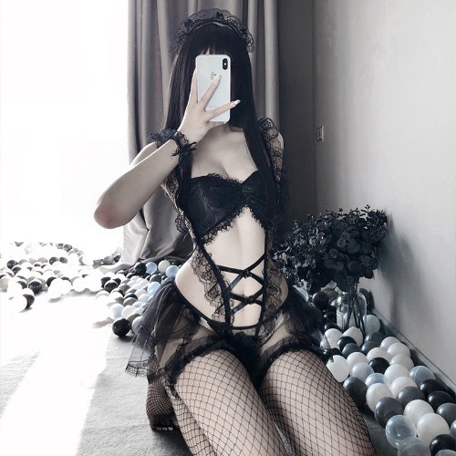 Sofyee  Cute Playful Maid'S Mesh Uniform | M / Black