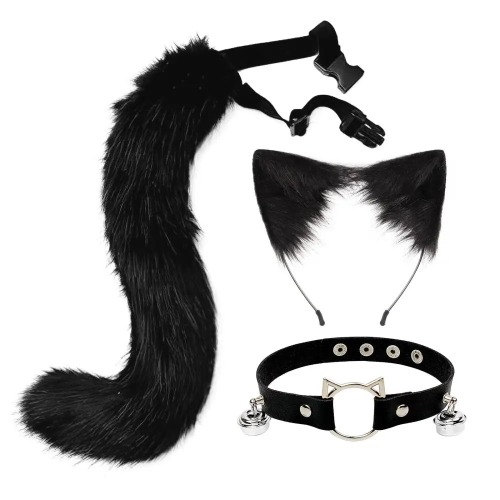 Sly Fox Tail Ear and Collar Set for Fun Petplay Adventures - Black