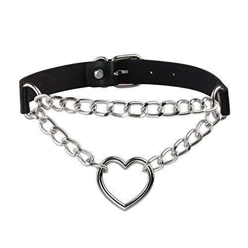 MILAKOO PU Cuir Punk Colliers Ras du Cou Cercle/Coeur Charme Collier réglable Collier pour Les Femmes - Silver Chain, Black - Heart Pendant