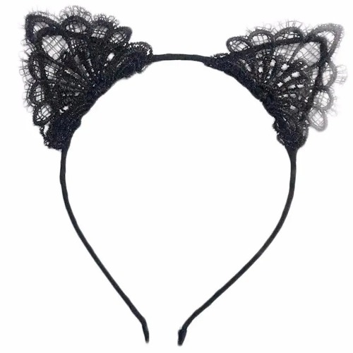 Lacy Cat Ear Headband with Black Lace Embellishments