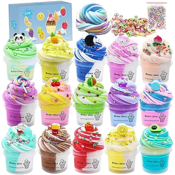 15 Pack Dual Color Slime Toy - Butter Slime with Cake Charms Included,Super Soft & Non-Sticky,Educational Stress Relief Toy,Birthday Gifts for Girl and Boys.