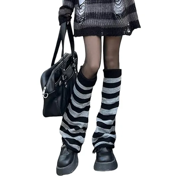 Fernvia Womens Lolita Knit Long Socks Leg Warmers Harajuku Japanese Kawaii Boot Socks Winter Ankle Heap Sock - Black Grey - One Size