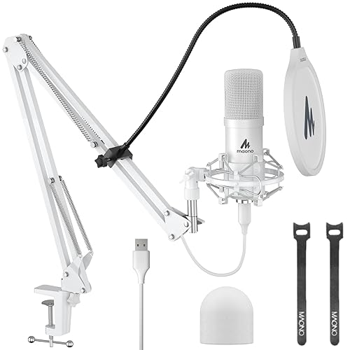 MAONO USB Microphone, 192kHz/24bit Plug & Play PC Computer Podcast Condenser Cardioid Metal Mic Kit with Professional Sound Chipset for Recording, Gaming, Singing, YouTube, AU-A04 White - White