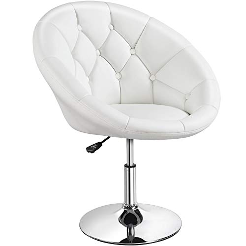 Yaheetech Height Adjustable Modern Round Tufted Back Chair Upholstered Swivel Barrel Chair Vanity Chair Barstool Lounge Pub Bar Capable of 125kgs/276lbs White - Faux Leather - White