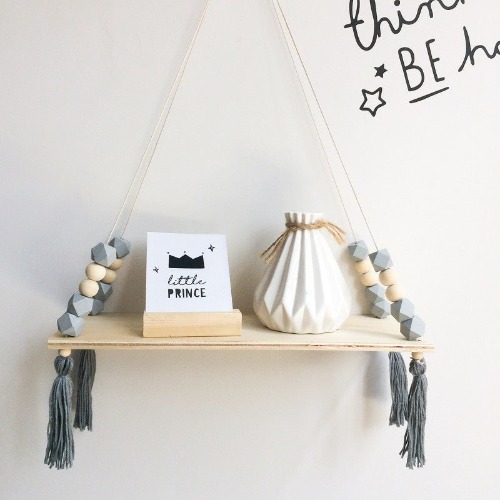 Beaded Hanging Wooden Shelf - Grey