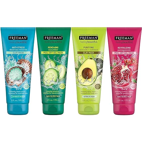 Freeman Facial Mask Variety Bundle for Skin Care, Peel Off Face Masks with Clay + Dead Sea Minerals 6 fl oz, 4 Pack