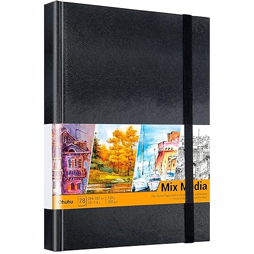 Mix Media Pad, Ohuhu 10"×7.4" Mixed Media Art Sketchbook, 120 LB/200 GSM Heavyweight Papers, 78 Sheets/156 Pages, PU Hardcover Mixed Media Paper Pad for Acrylic, Painting Back to School Gift