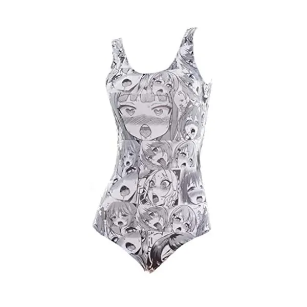 RULTA Ahegeo Face One Piece Swimsuits for Women Japanese Anime Sexy Bathing Suits Tummy Control Grey