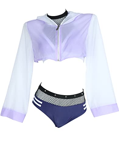 haikyuu Women Anime Derivative Bikini Set with Cover Up Jacket Halter Mesh Top and Shorts Two Piece Bathing Suit - Small - Purple
