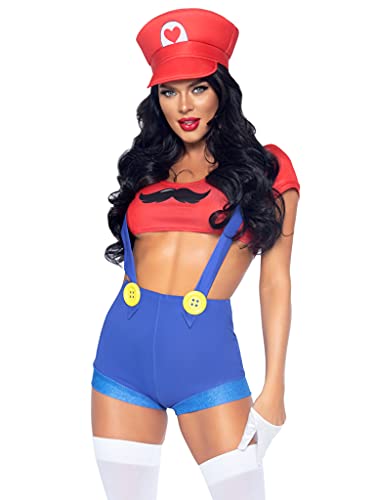 Leg Avenue Women's 3 Pc Sexy Gamer Babe Costume with Crop Top, Suspender Shorts, Hat - Red/Blue - Small