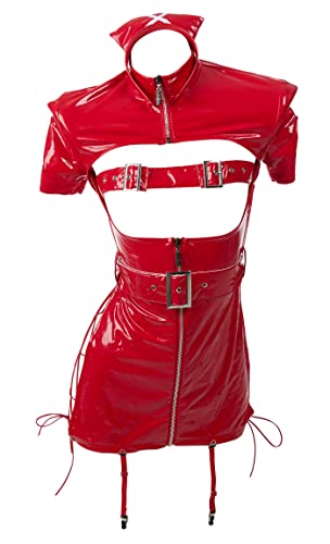 MEOWCOS Women's Nurse Costume Women’s Nurse Lingerie Set Lace-up Dress Costume with Belt and Face Cover - Small - Red
