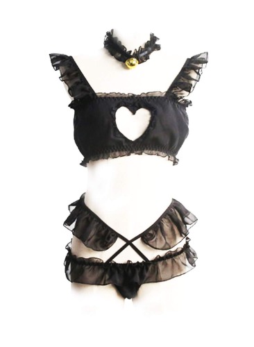 YUANMO Damen Cat Bikini Kitty Cosplay R¨¹schen Lingerie Dessous Sets Anime Katzen Kost¨¹m Halsband - Schwarz Medium- X-Large