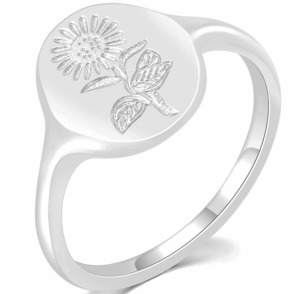 Stainless Steel Dainty Sun Flower Pattern Signet Style Wedding Promise Statement Anniversary Valentines Ring - Silver