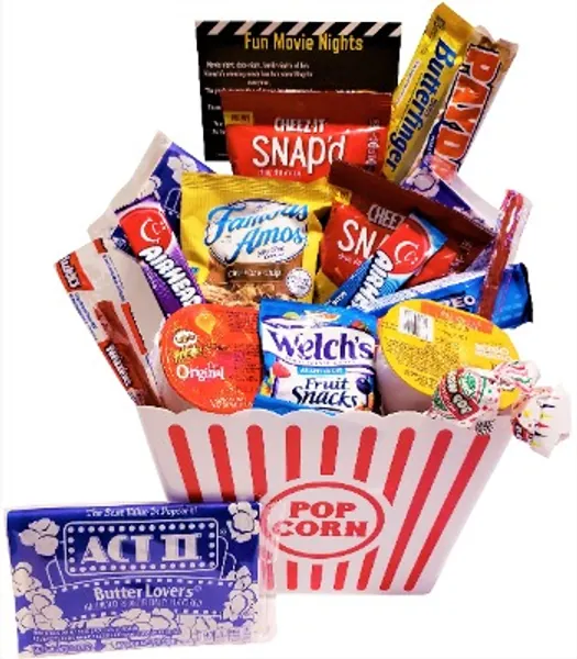 Movie Night Gift Basket Ultimate Care Package with Lots of Premium Candy Cookies Popcorn and Snacks in a Cool Retro Nostalgic Plastic Bucket & Kinayto "Fun Movie Night" Poem