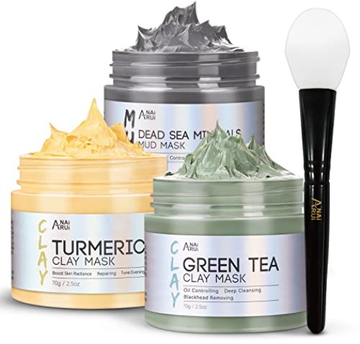 ANAiRUi Kurkuma Gesichtsmaske - Grüner Tee Ton Maske - Totes Meer Mineralien Schlamm Maske, Spa Gesichtsmasken Set zur Tiefenreinigung, Entgiftung und Reduzierung von Akne und Mitesser, 210 g - orange