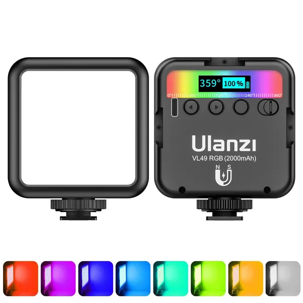 ULANZI VL49 RGB Video Lights, LED Camera Light 360° Full Color Portable Photography Lighting w 3 Cold Shoe, 2000mAh Rechargeable CRI 95+ 2500-9000K Dimmable Panel Lamp Support Magnetic Attraction - Black